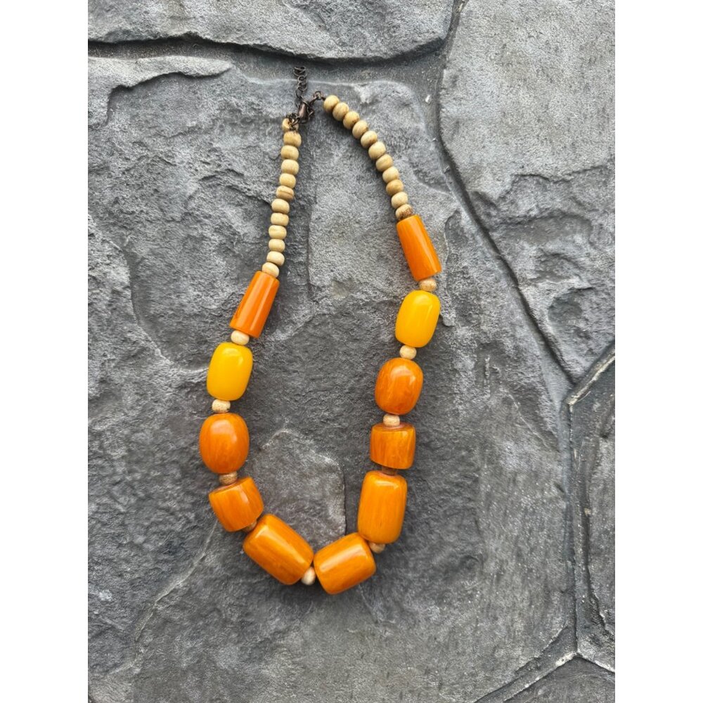 Vintage Bohemian Style Orange & Yellow Beaded Necklace With Wooden Accents - Picture 4 of 6